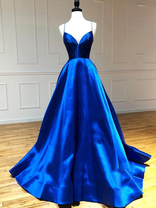 Vestido de fiesta largo de satén con escote en V y corte A