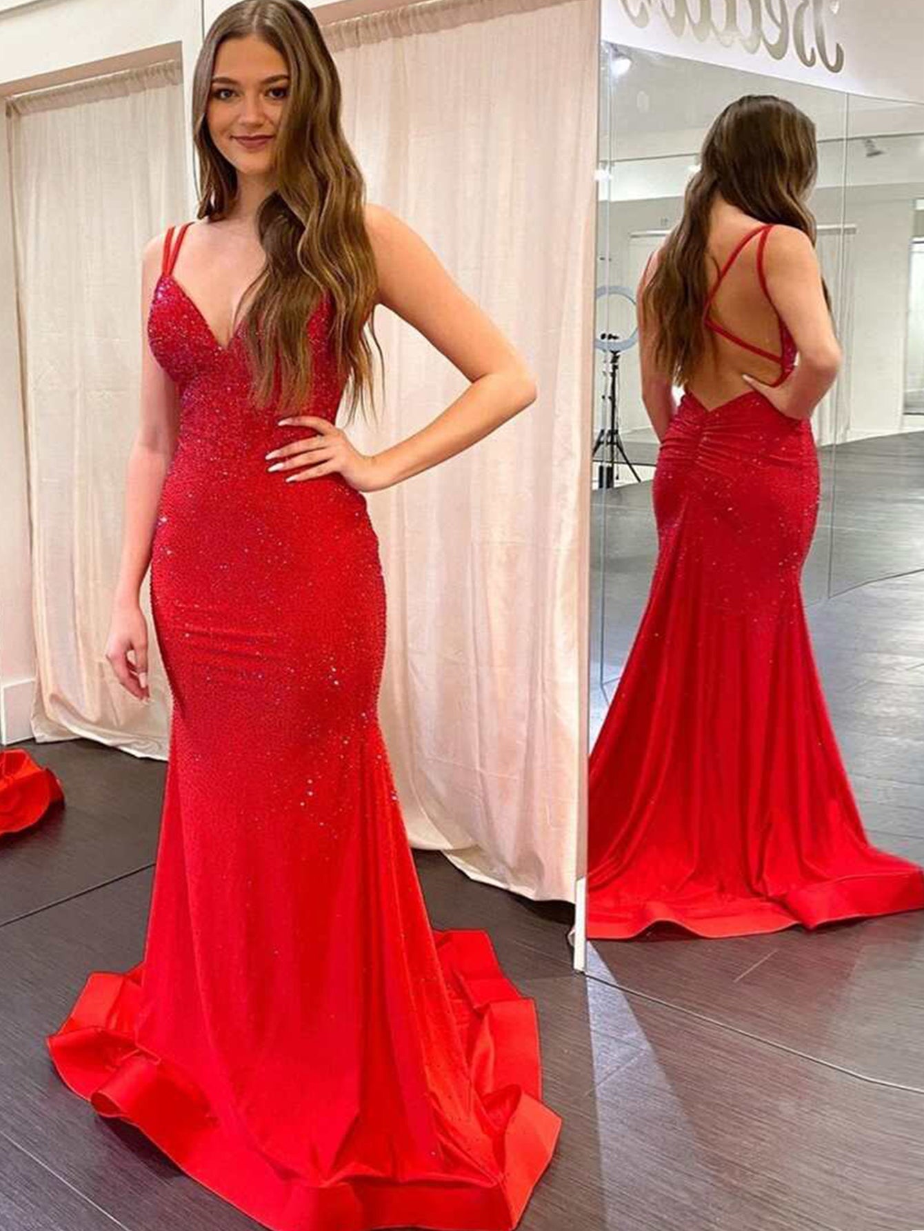Vestido de fiesta de jersey con cuentas y escote en V de sirena