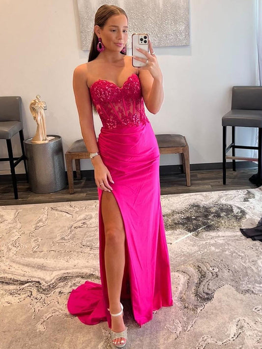 Vestido de fiesta largo con escote en forma de corazón, sin tirantes y abertura