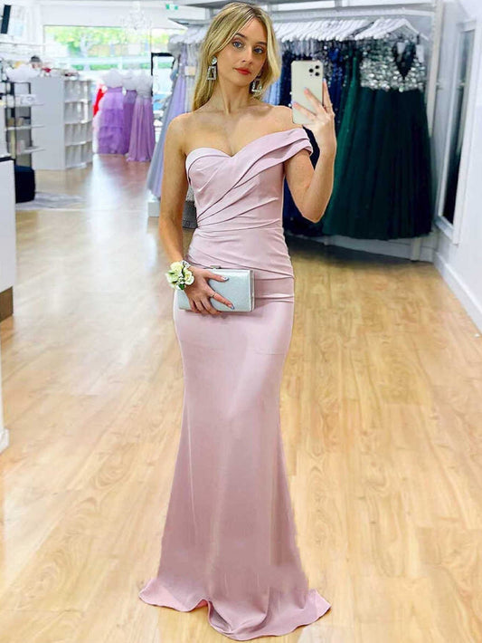 Vestido de fiesta largo morado de satén con corte sirena y un solo hombro