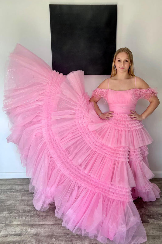 Roycebridal Lilah | Vestido de fiesta de tul brillante con tirantes finos y abertura en forma de A