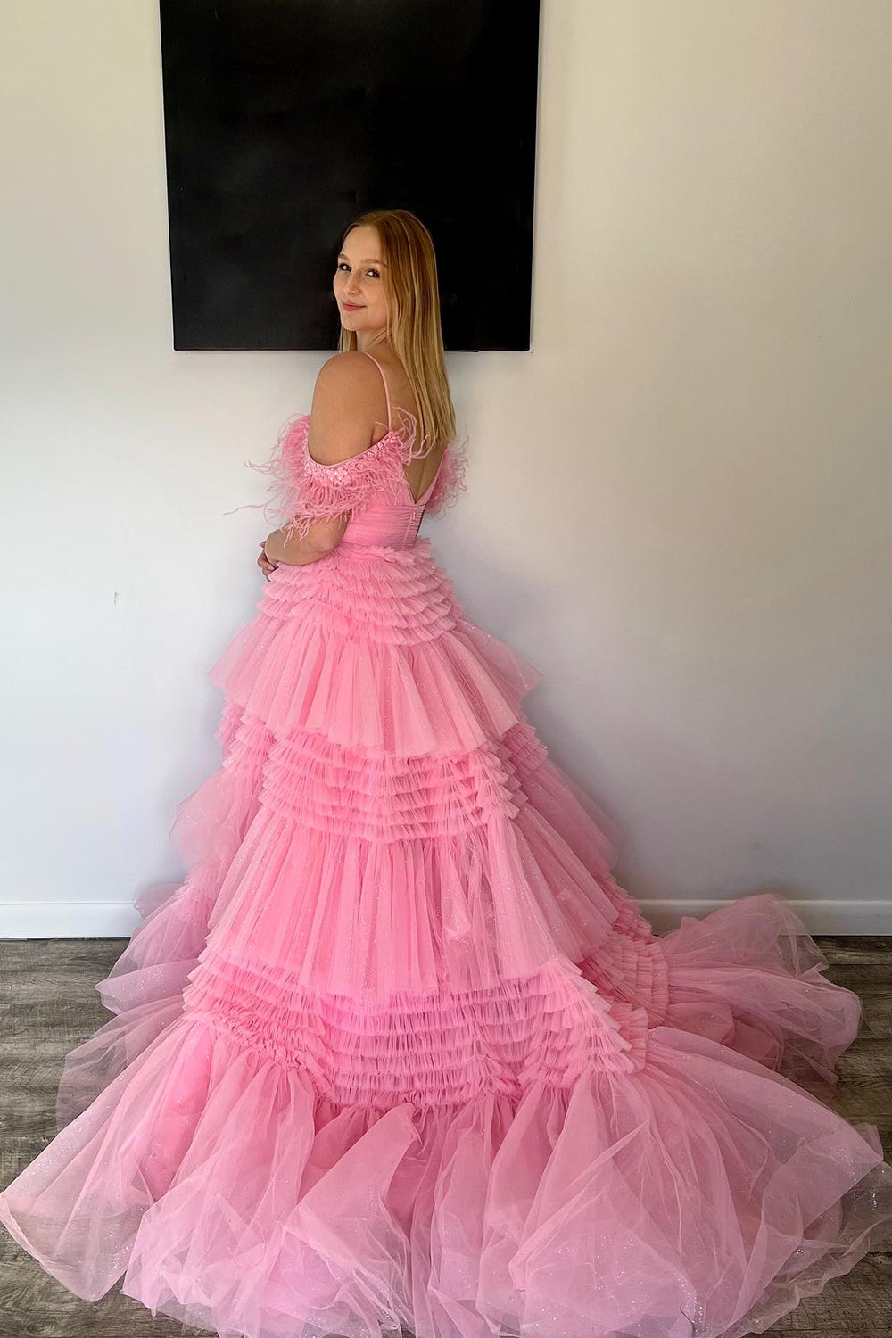 Roycebridal Lilah | Vestido de fiesta de tul brillante con tirantes finos y abertura en forma de A
