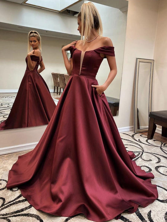 Vestido de fiesta largo rojo oscuro con hombros descubiertos y corte en A