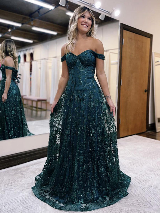 Vestido de fiesta largo verde oscuro con hombros descubiertos y corte sirena con purpurina