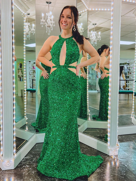 Vestido de fiesta largo verde sirena con escote en V y espalda descubierta