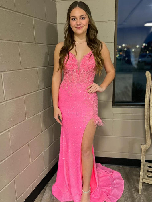 Vestido de fiesta largo ajustado con escote en V y espalda descubierta de sirena con abertura