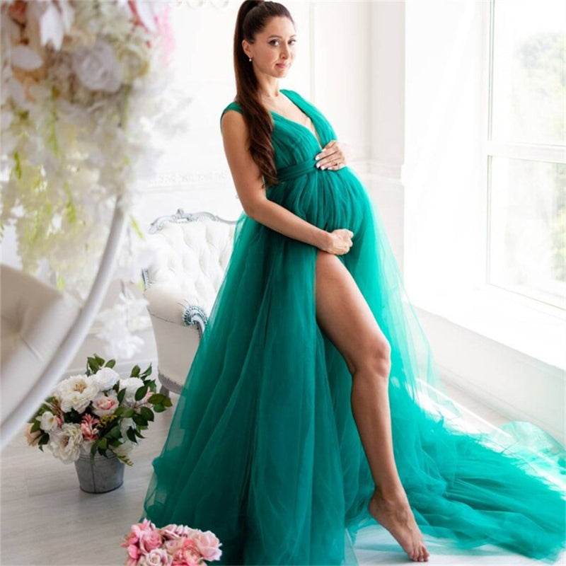 6136#V-neck high split big belly dress, tulle maternity dress, draped long mesh pregnancy evening dress