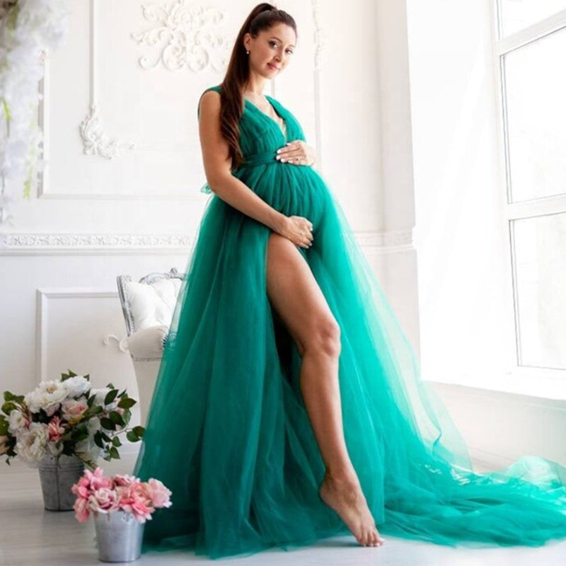 6136#V-neck high split big belly dress, tulle maternity dress, draped long mesh pregnancy evening dress