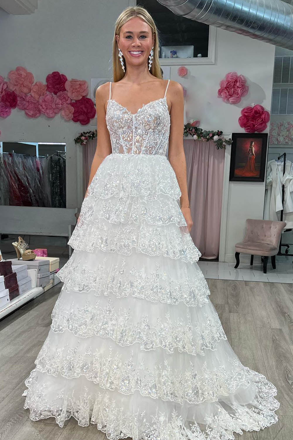 A Line Spaghetti Straps Tiered Lace Prom Dress