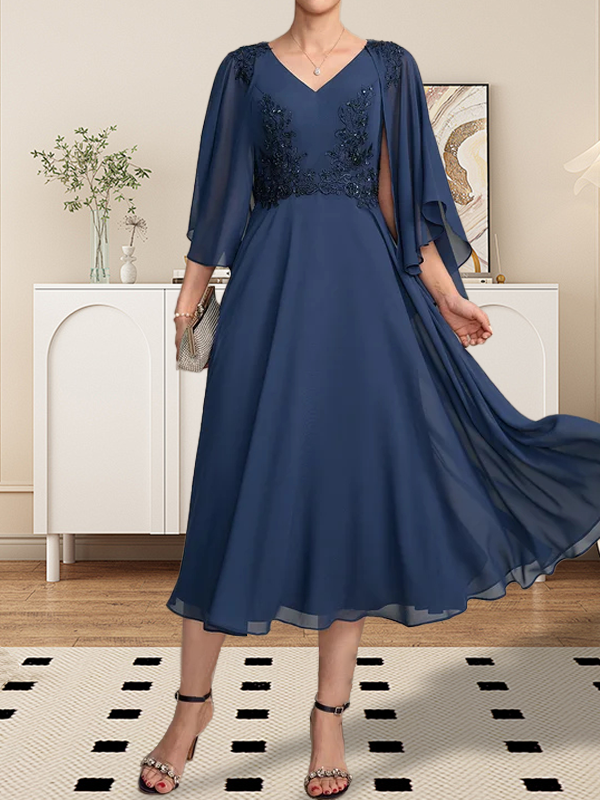 A-Linie, V-Ausschnitt, knielang, Chiffon, Spitze, Kleid für die Brautmutter mit Perlen und Pailletten