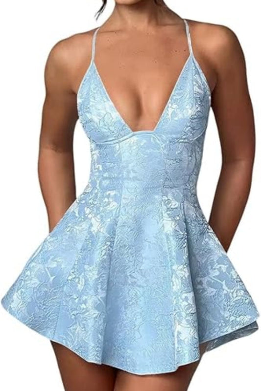 Vestido de fiesta corto de satén con volantes, corte A, cuello halter, espalda descubierta y jacquard