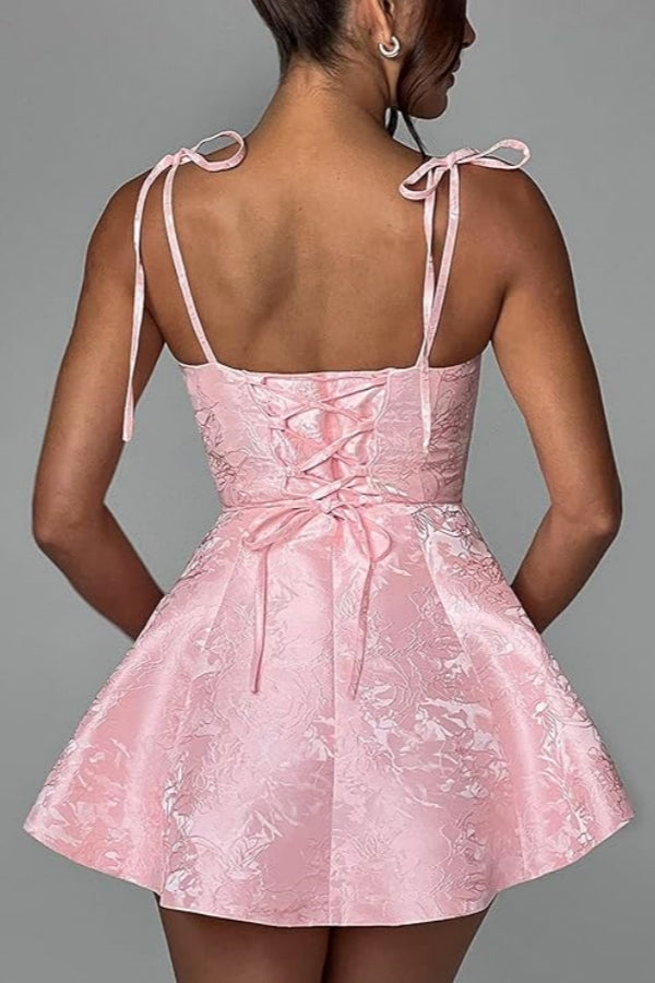 A-Linie Kurzes Homecoming-Kleid Spaghettiträger Satin Ärmelloses Partykleid Jacquard Partykleider