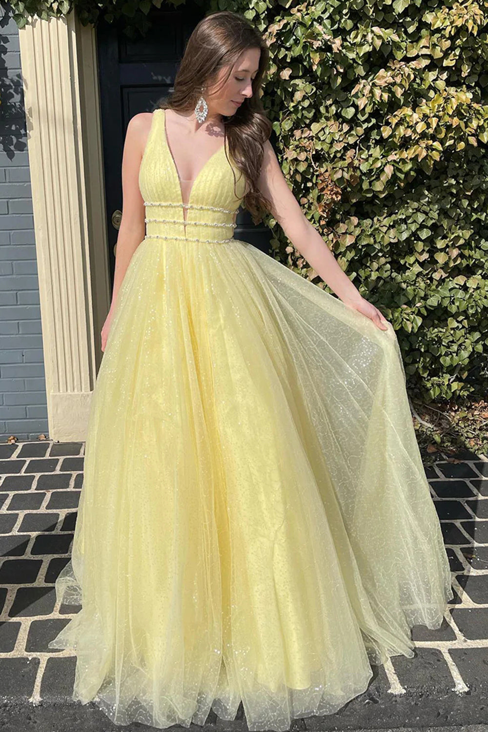 Roycebridal Alaiya | Vestido de fiesta de tul con brillo y escote en V en forma de A