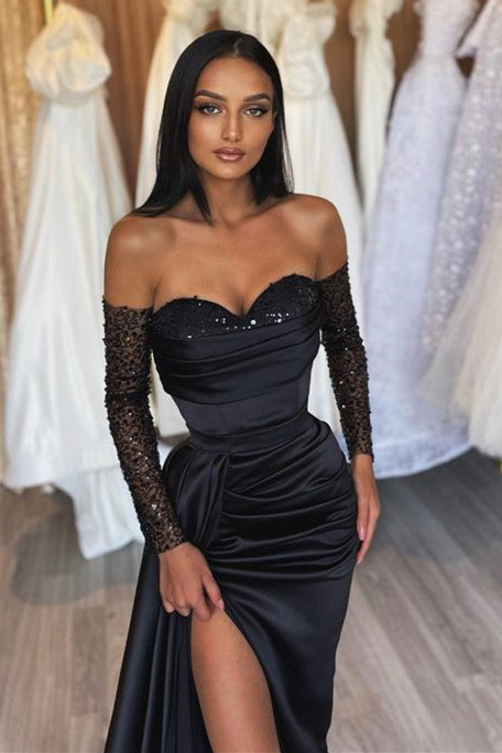 Vestido de fiesta negro largo con escote en forma de corazón, de satén, con abertura frontal y mangas