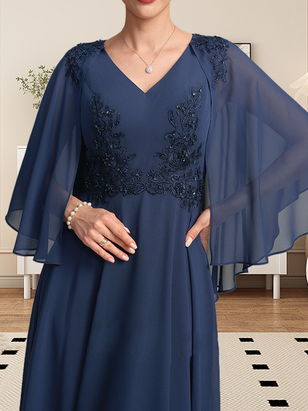 A-Linie, V-Ausschnitt, knielang, Chiffon, Spitze, Kleid für die Brautmutter mit Perlen und Pailletten
