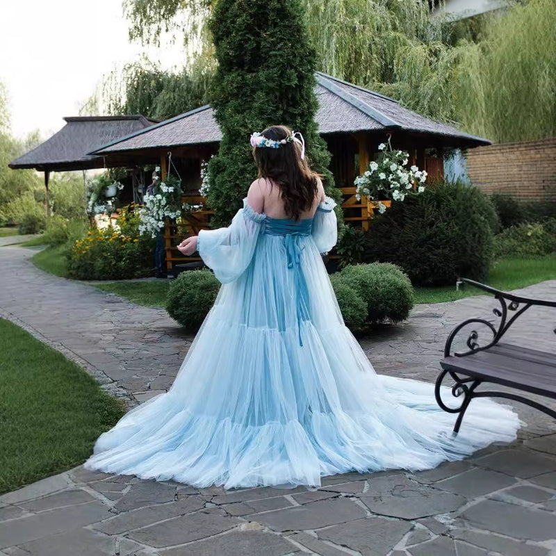 6138#Gauze skirt, big belly, photo dress, large size fluffy stitching, maternity evening dress, big skirt with sleeves dress