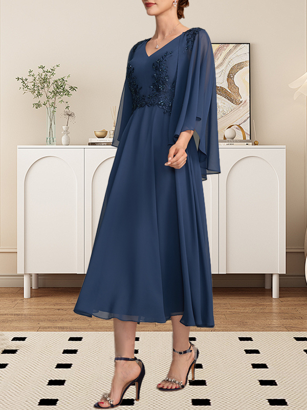 A-Linie, V-Ausschnitt, knielang, Chiffon, Spitze, Kleid für die Brautmutter mit Perlen und Pailletten