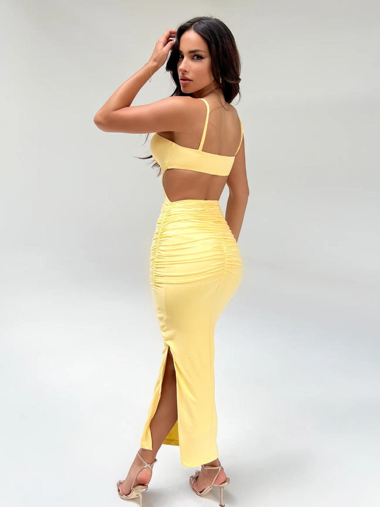 Tossy Damen Rückenfreies Cut-Out Bodycon Maxikleid Mode Ärmellos Spaghettiträger Geraffter Seitenschlitz Saum Abendkleid Weiblich
