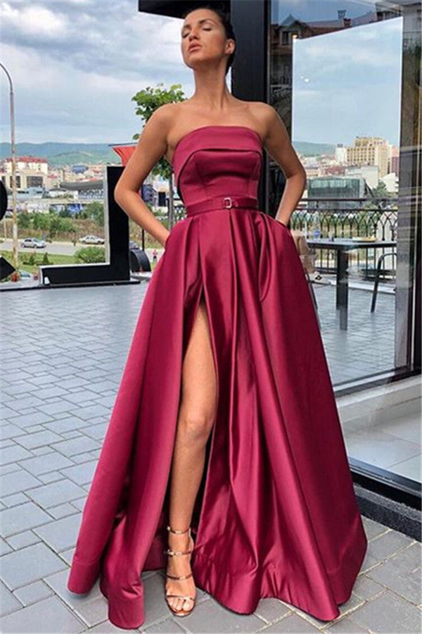 Vestido de fiesta largo con abertura y bolsillos, sin tirantes