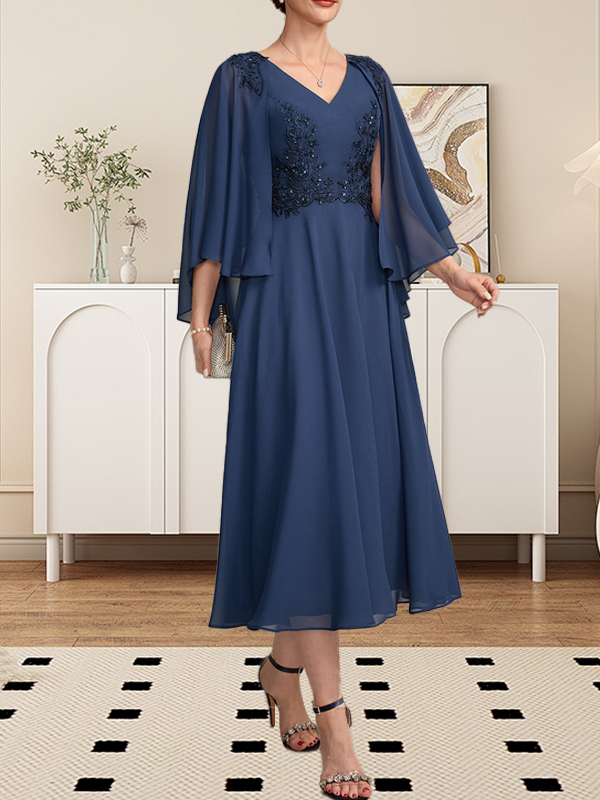 A-Linie, V-Ausschnitt, knielang, Chiffon, Spitze, Kleid für die Brautmutter mit Perlen und Pailletten