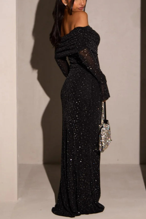 Schwarzes schulterfreies Maxikleid mit Pailletten