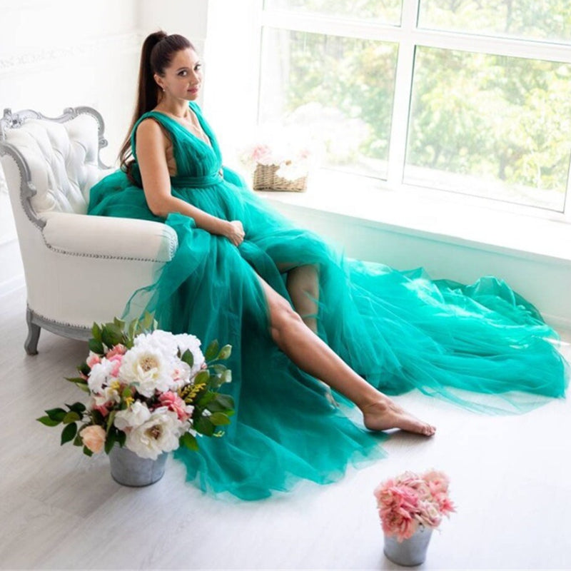 6136#V-neck high split big belly dress, tulle maternity dress, draped long mesh pregnancy evening dress
