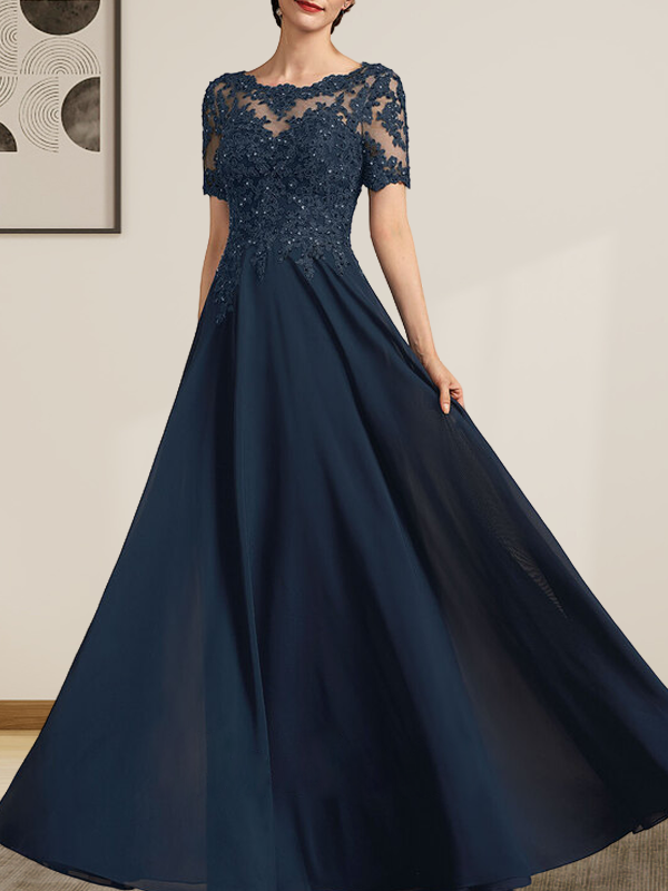Vestido de gasa con encaje y lentejuelas para madre de la novia, largo hasta el suelo, con escote en A y ilusión