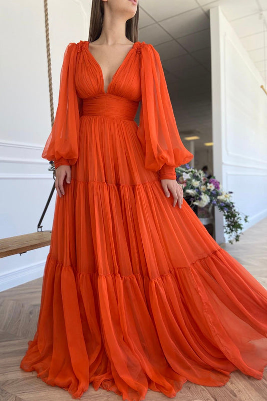 Vestido de fiesta de gasa hasta el suelo, vestido de fiesta de noche de manga larga