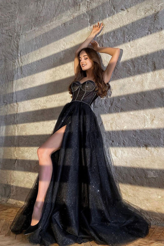 Vestido de fiesta largo hasta el suelo de tul brillante, vestido de noche negro con abertura