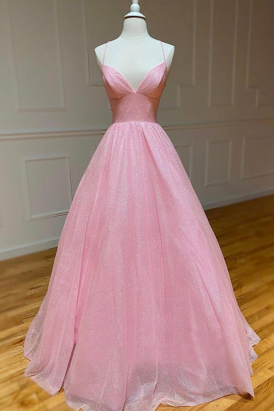 Langes rückenfreies Ballkleid aus Tüll in A-Linie mit V-Ausschnitt