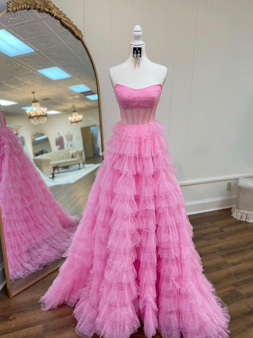 Roycebridal Aubriella | Vestido de fiesta de tul brillante con volantes, corte A y corsé sin tirantes