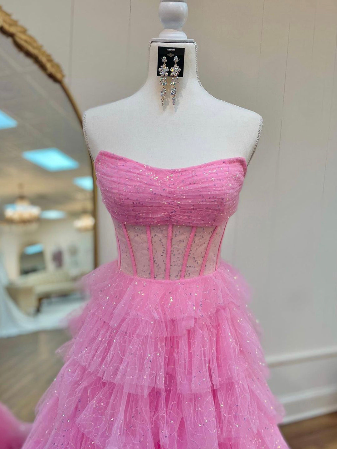 Roycebridal Aubriella | Vestido de fiesta de tul brillante con volantes, corte A y corsé sin tirantes