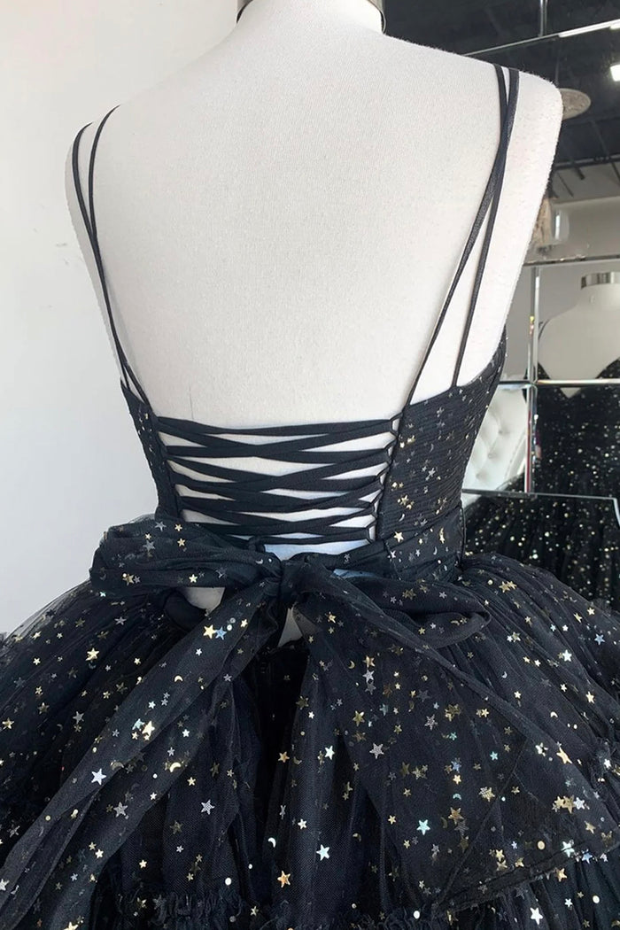 Roycebridal Nathalia | Vestido de fiesta de tul con corte A, tirantes finos y capas, corte asimétrico