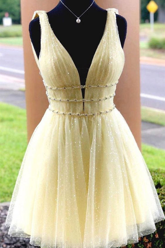 Thalia | A-Linien-Heimkehrkleid aus Tüll mit V-Ausschnitt und Perlenbesatz