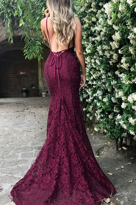 Vestido de fiesta de encaje burdeos con escote en V y corte sirena sexy