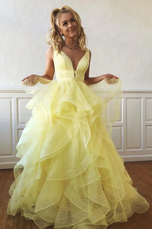 Roycebridal Teagan | Vestido de fiesta largo con escote en V, corte A y volantes en cascada
