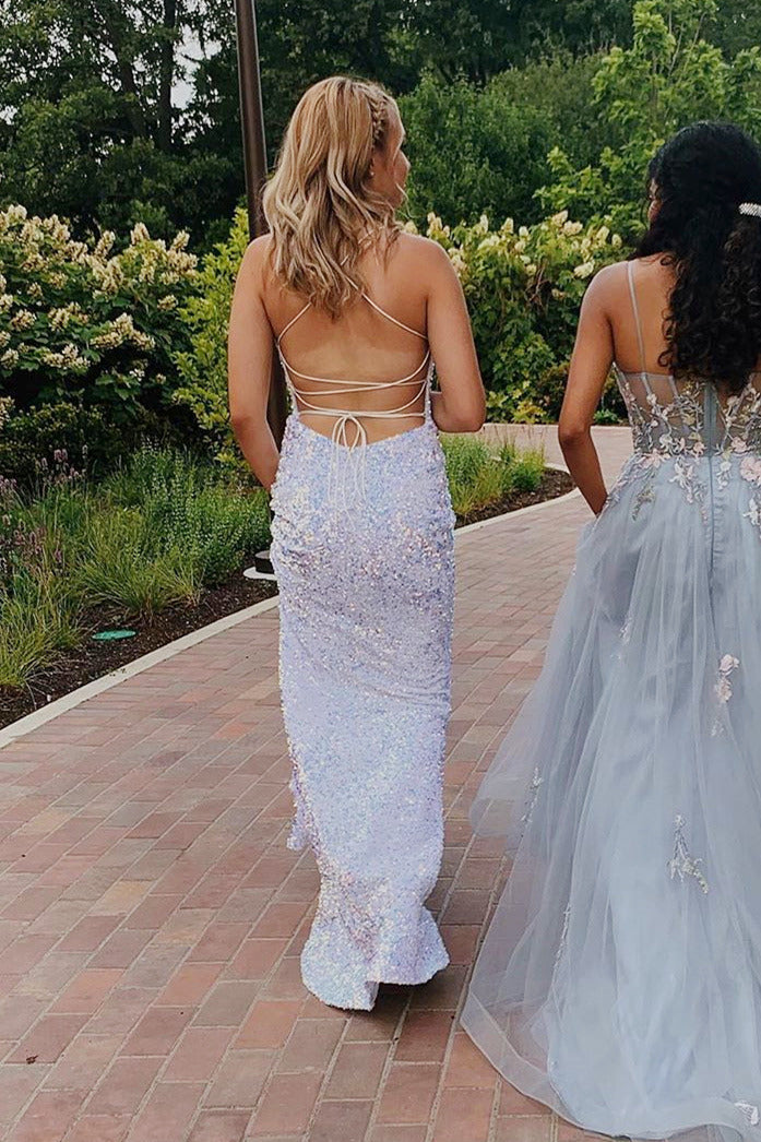 Vestido de fiesta largo blanco de sirena con cordones brillantes