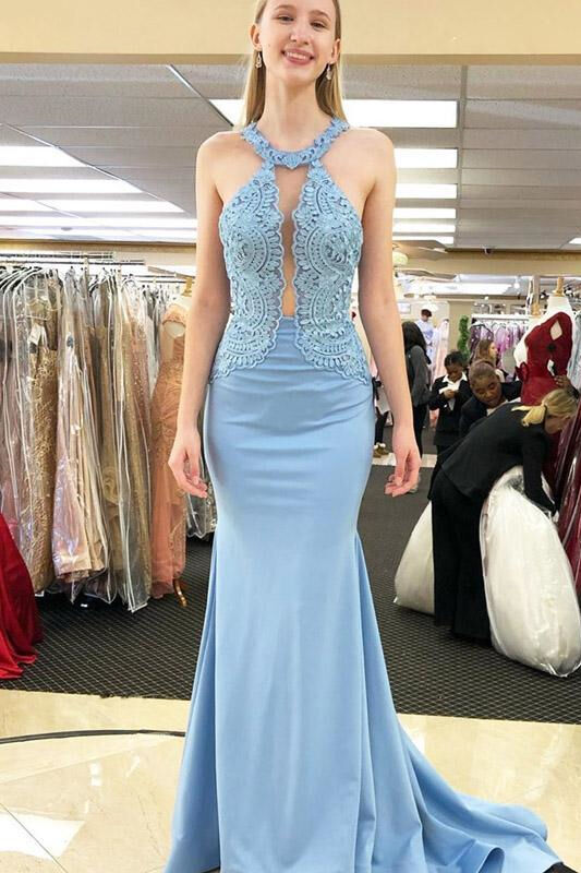 Vestido de fiesta largo azul cielo con corte sirena y espalda abierta