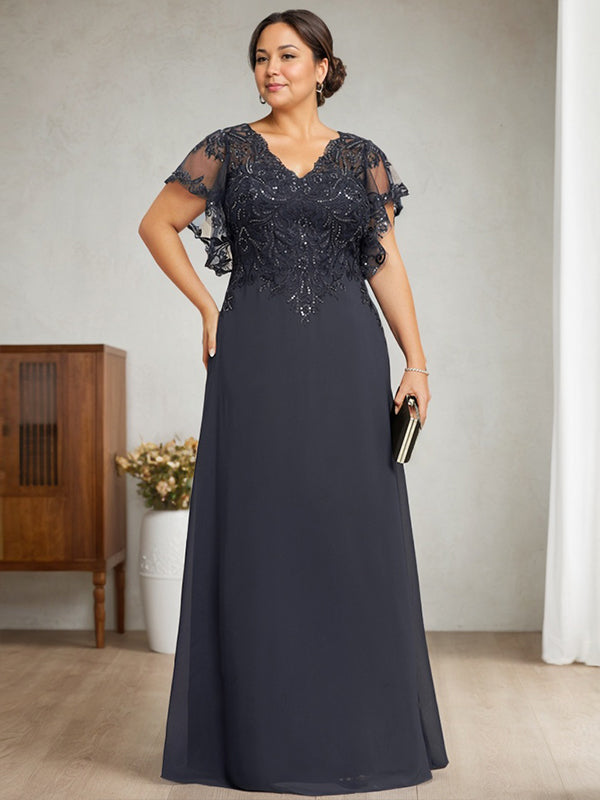 A-Linie V-Ausschnitt Bodenlanges Spitzen-Chiffon-Kleid für die Brautmutter mit Pailletten