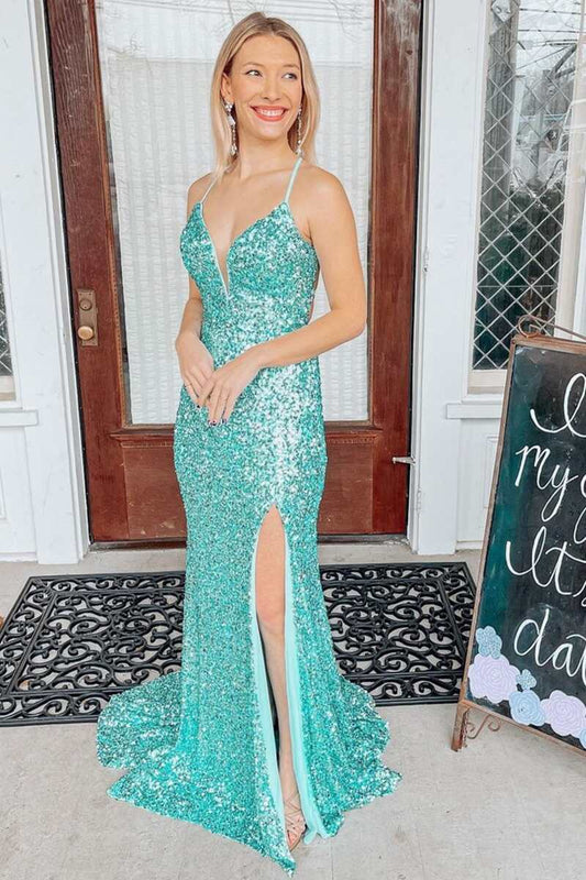 Vestido de fiesta largo estilo sirena con espalda con cordones y lentejuelas color jade claro