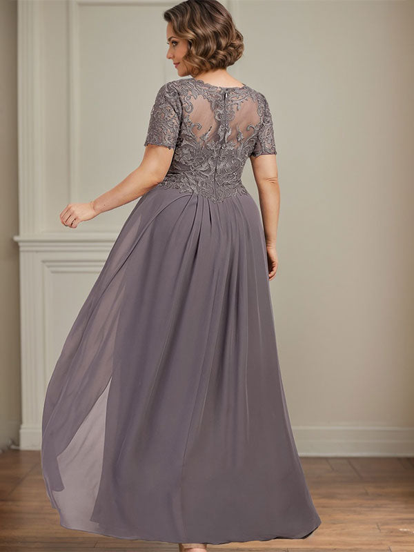 A-Linie V-Ausschnitt Bodenlanges Chiffon-Spitzenkleid für die Brautmutter