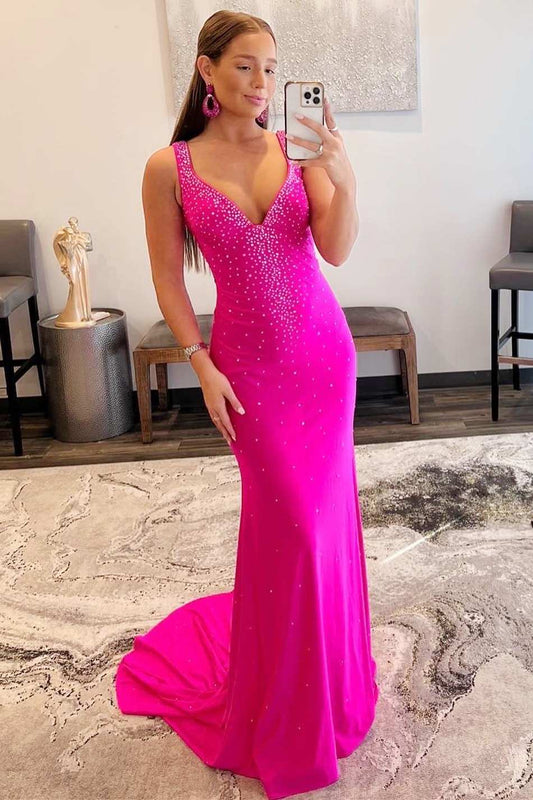 Elle | Vestido de fiesta de satén con cuentas, escote en V y espalda cruzada, estilo sirena