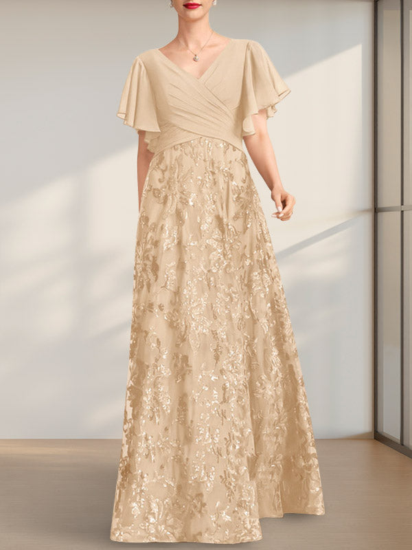 A-Linie V-Ausschnitt Bodenlang Spitze Pailletten Chiffon Mutter der Braut Kleid Mit Plissee