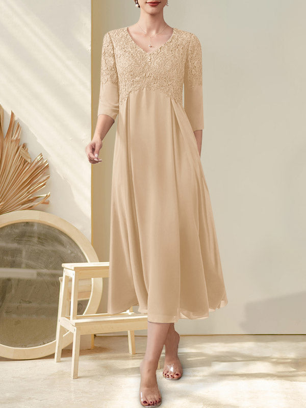 A-Linie V-Ausschnitt Wadenlang Chiffon Spitze Kleid für die Brautmutter mit Perlenbesatz