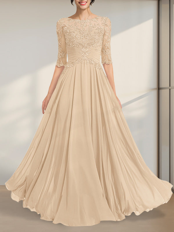 Vestido de gasa de encaje con escote en A y ilusión hasta el suelo para madre de la novia con lentejuelas plisadas