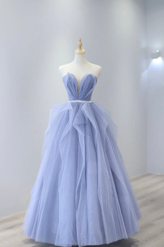 Vestido de fiesta largo de tul sin tirantes, precioso vestido de noche con escote corazón