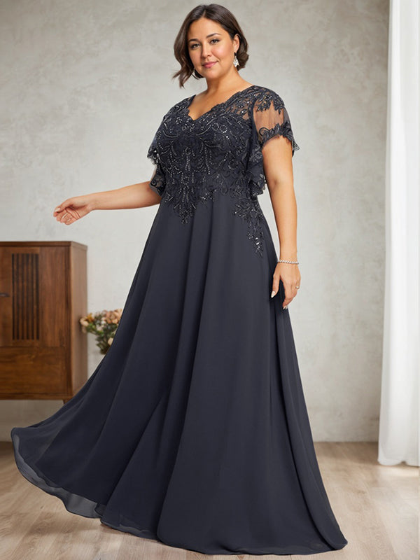 A-Linie V-Ausschnitt Bodenlanges Spitzen-Chiffon-Kleid für die Brautmutter mit Pailletten