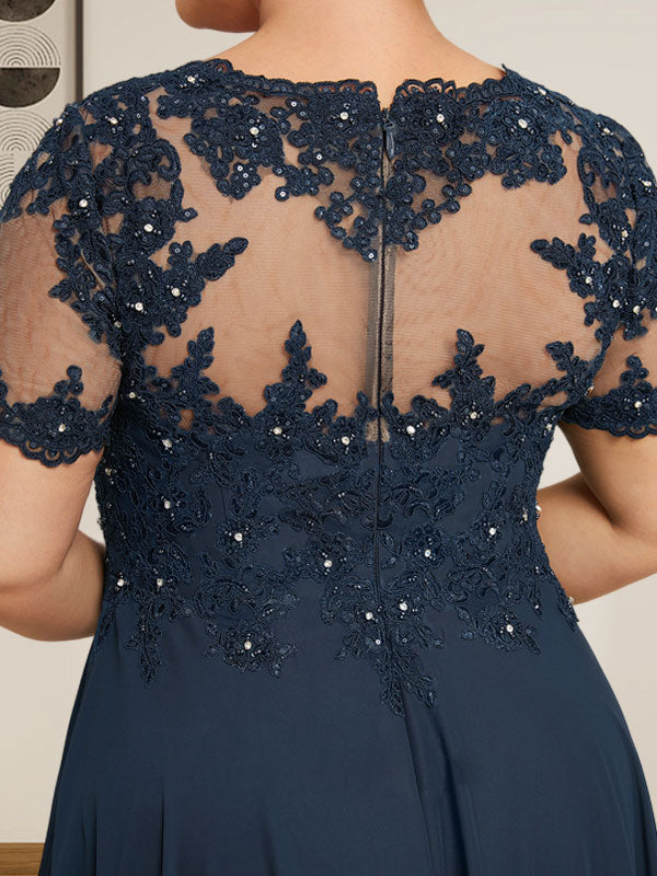 Vestido de gasa con encaje y lentejuelas para madre de la novia, largo hasta el suelo, con escote en A y ilusión