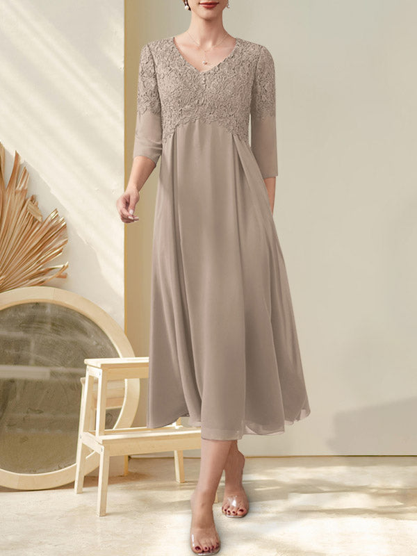 A-Linie V-Ausschnitt Wadenlang Chiffon Spitze Kleid für die Brautmutter mit Perlenbesatz