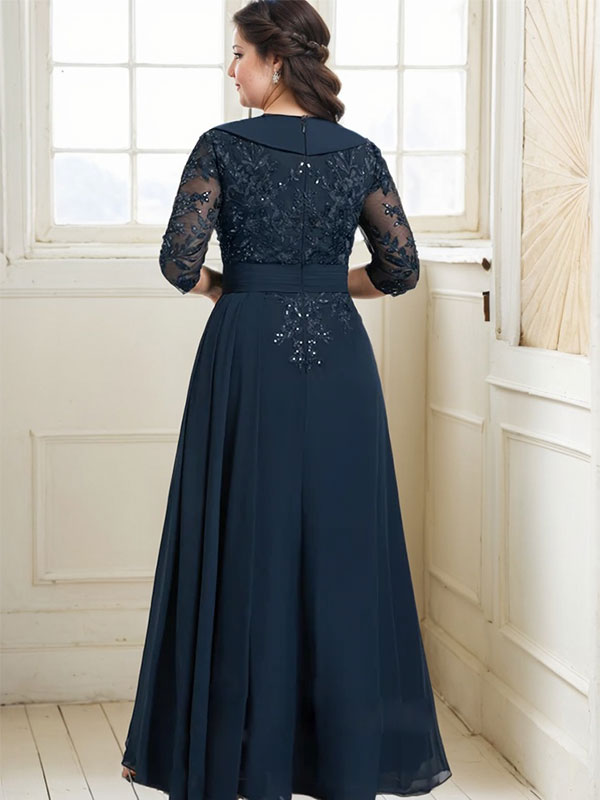 Vestido de madre de la novia de gasa con encaje, escote en V, corte A y largo hasta el suelo, con lentejuelas y volantes en cascada